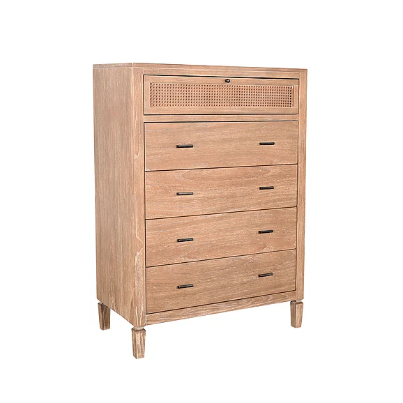 Sunny Designs Belinda Natural Wood 5-Drawer Chest with Woven Rattan Detail in Oak Grove 2377OG-C
