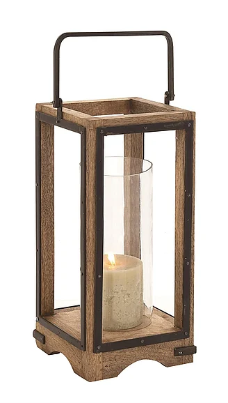 UMA Brown Mango Wood Handmade Decorative Indoor Outdoor Candle Lantern, 8" x 8" x 22" | 23853