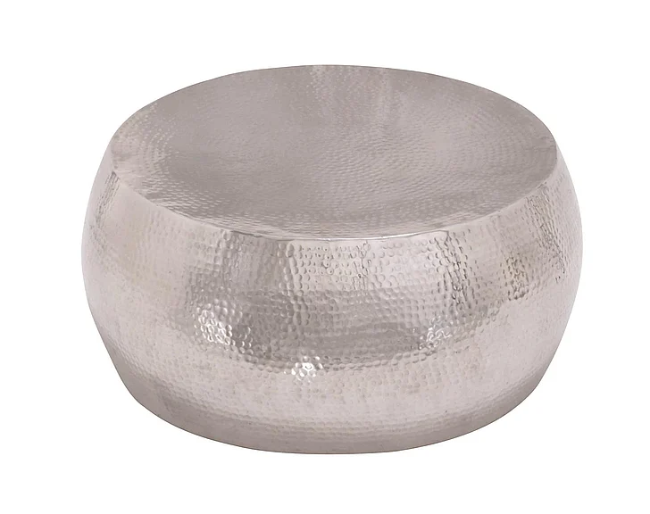 UMA Silver Aluminum Metal Drum Shaped Living Room Coffee Table with Hammered Design, 30" x 30" x 14" | 23912