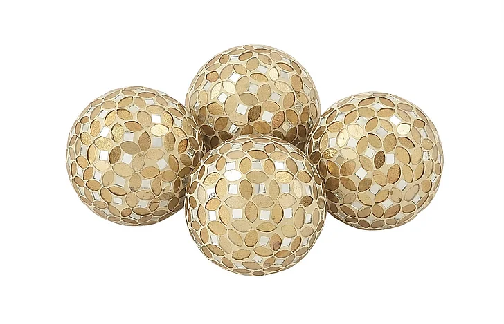 UMA Glass Handmade Mirrored Mosaic Decorative Orbs & Vase Filler in Gold (Set of 4) 24010
