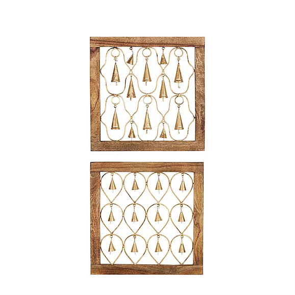 UMA Brown Mango Wood Bell Framed Home Wall Decor, Set of 2 16W, 16H | 24261