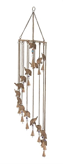 UMA Brass Metal Elephant Indoor Outdoor Windchime with Beads and Cone Bells, 7" x 7" x 36" | 24282