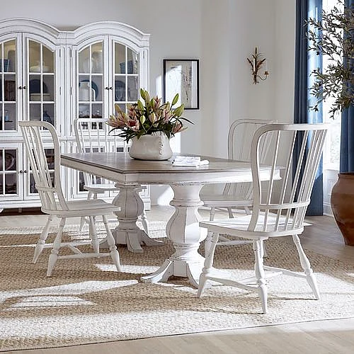 Liberty Furniture Magnolia Manor 5pc Double Pedestal Dining Room Set in Antique White/Weathered Bark
