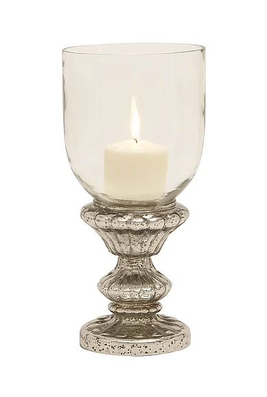 UMA Silver Glass Handmade Turned Style Pillar Room Hurricane Lamp with Faux Mercury Glass Finish, 7" x 7" x 14" | 24615