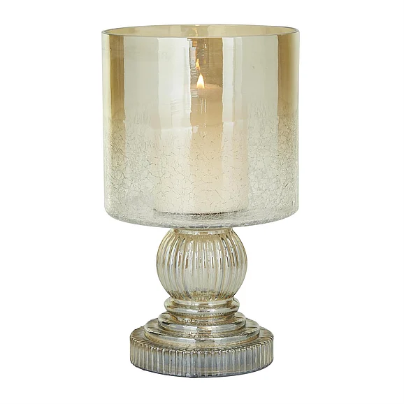 UMA Brass Glass Handmade Turned Style Pillar Room Hurricane Lamp with Faux Mercury Glass Finish, 6" x 6" x 11" | 24626