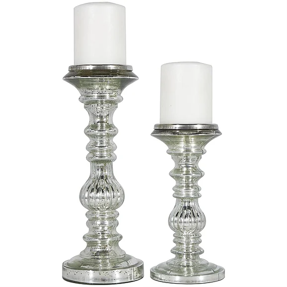 UMA Silver Metal Handmade Turned Style Pillar Decorative Candle Holder, Set of 2 9, 12H | 24641