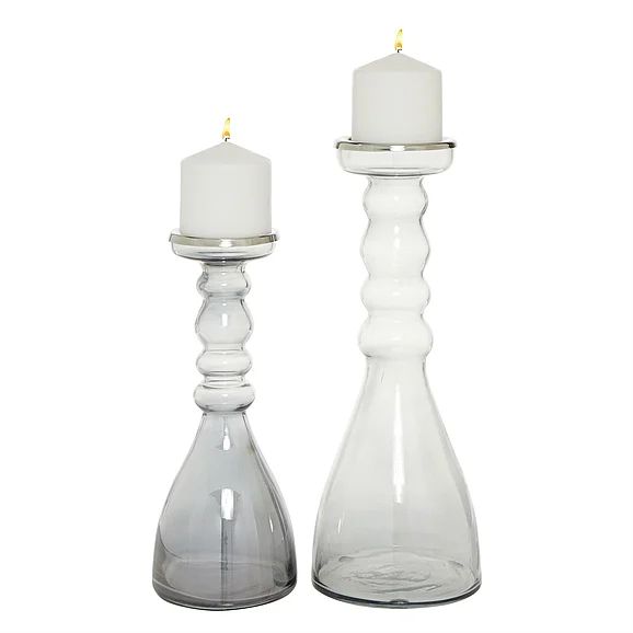 UMA Gray Glass Handmade Bubble Pillar Decorative Candle Holder, Set of 2 11, 14H | 24677 CLOSEOUT