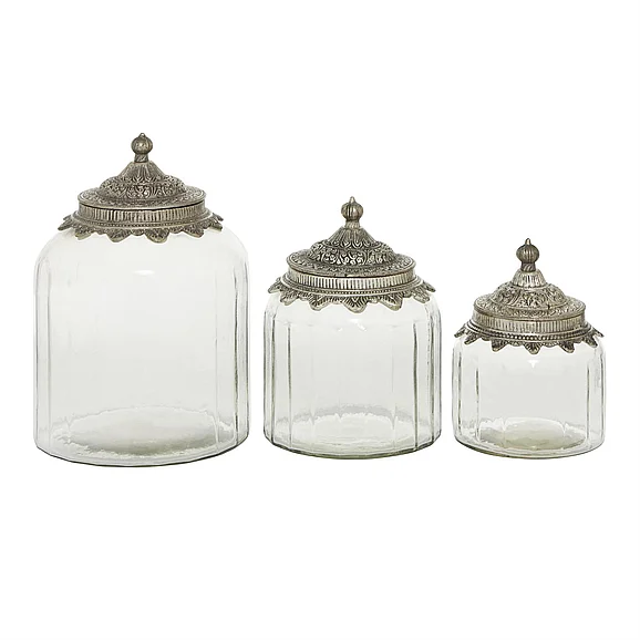 UMA Clear Glass Living Room Decorative Jars with Engraved Silver Lids, (Set of 3) 6, 7, 9H | 24714