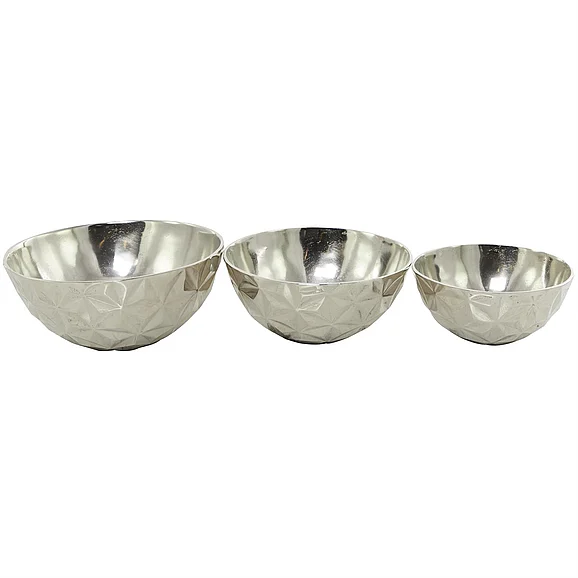 UMA Silver Aluminum Metal Faceted Decorative Bowl, Set of 3 14, 12, 10W | 24795 CLOSEOUT