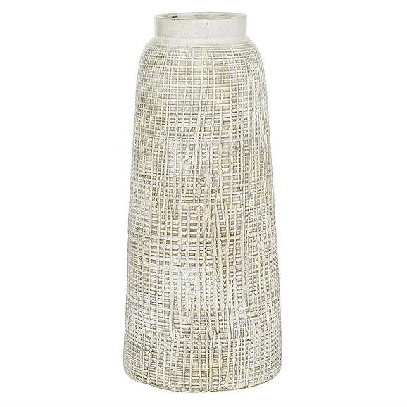 UMA White Ceramic Textured Crosshatch Decorative Vase with Crosshatch Design, 8 x 8 x 17 | 24826