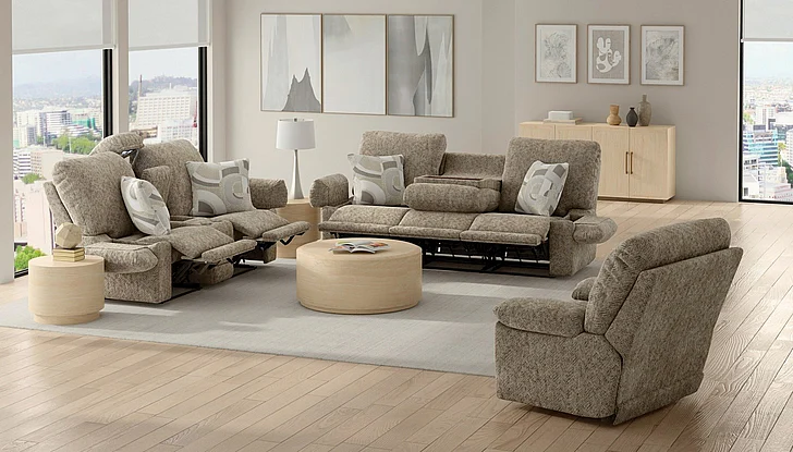 Catnapper Beacon 2pc POWER Lay Flat Triple Recline Sofa Living Room Set in Mushroom/Porcelain