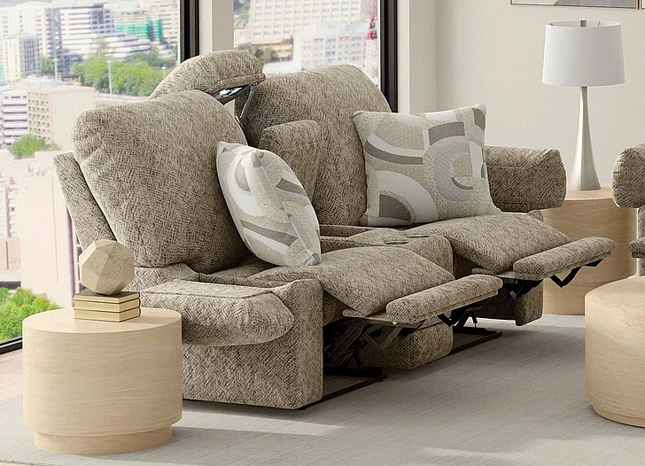 Catnapper Beacon Lay Flat Reclining Console Loveseat w Storage Arm Reading Lights Extended Ottoman and USB USB-C and Power in Mushroom 2559/1901-28/1472-16