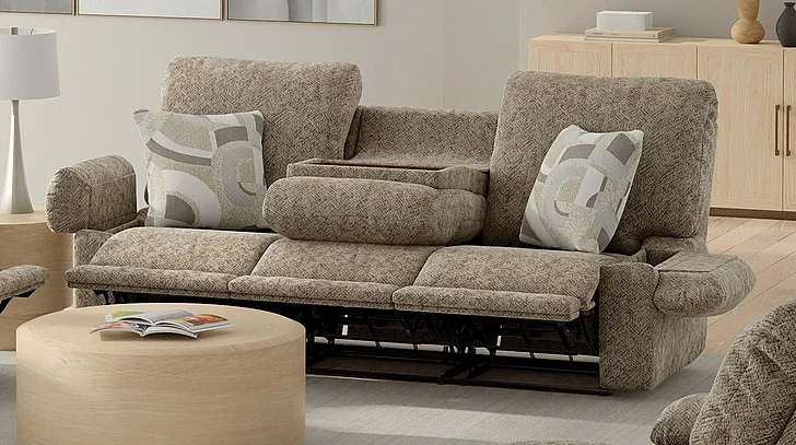 Catnapper Beacon Lay Flat Triple Recline Sofa w Drop Down Table Storage Arm Extended Ottoman in Mushroom 25545/1901-28/1472-16