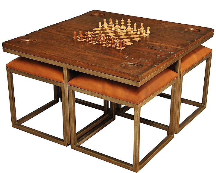 Sarreid Encore IHF Low Game Table with 4 Stools in Fruitwood 25693