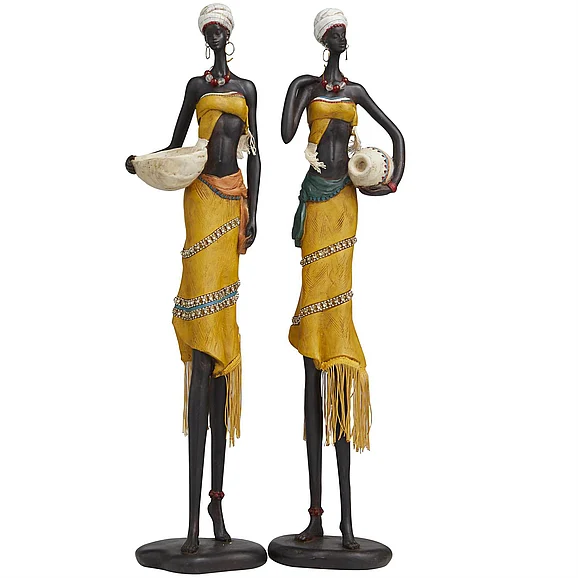 UMA Yellow Polystone People Handmade African Woman Decorative Sculpture with Water Jugs and Jeweled Details, (Set of 2) 6W, 24H | 25871