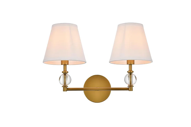Elegant Bethany 2 Lights Bath Sconce in Brass with White Fabric Shade LD7022W15BR