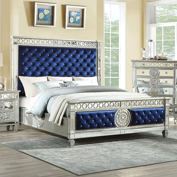 Acme Furniture Varian Queen Crystal Tufted Panel Bed in Blue 26150Q
