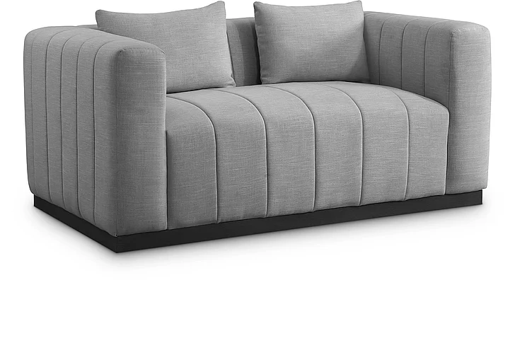 Meridian Lucia Linen Textured Fabric Loveseat in Grey Linen Textured Fabric 655Grey-L