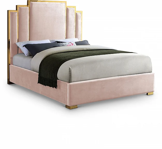 Meridian Hugo Velvet Queen Bed in Pink Velvet HugoPink-Q