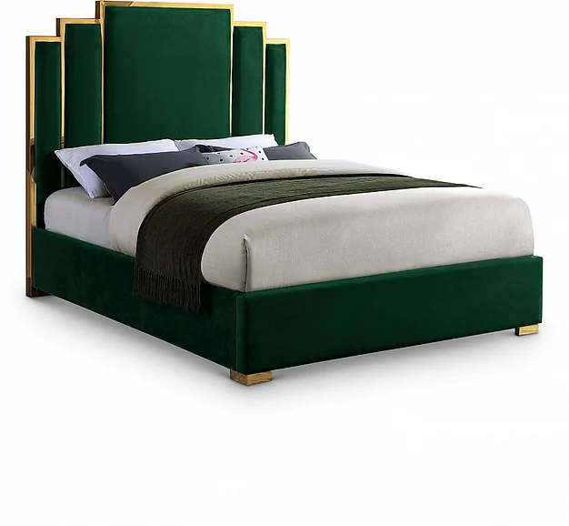 Meridian Hugo Velvet Queen Bed in Green Velvet HugoGreen-Q
