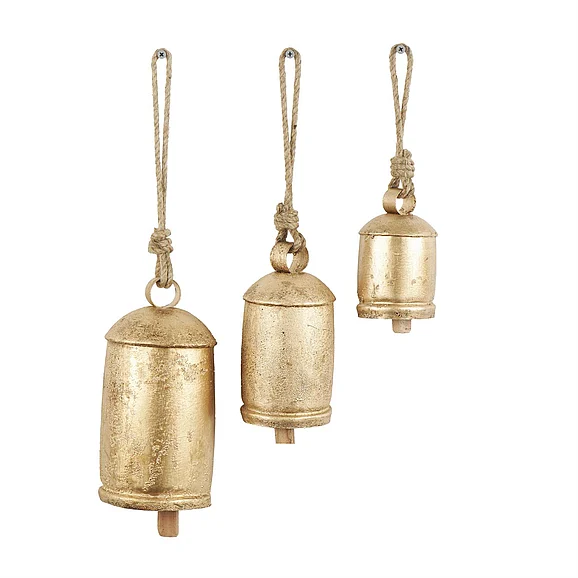 UMA Gold Metal Tibetan Inspired Indoor Outdoor Decorative Cow Bells with Jute Hanging Rope, Set of 3 10,8,6H | 26719
