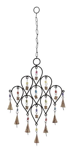 UMA Black Metal Indoor Outdoor Windchime with Bells and Chain Ring Hanger, 10" x 1" x 24" | 26733
