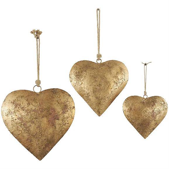UMA Gold Metal Heart Tibetan Inspired Weathered Indoor Outdoor Decorative Bells with Jute Hanging Rope, Set of 3 12, 10, 7H | 26842