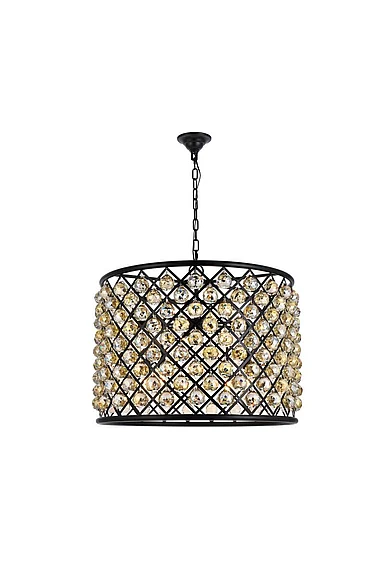 Elegant Madison 8 Light Matte Black Chandelier Golden Teak (Smoky) Royal Cut Crystal 1206D27MB-GT/RC