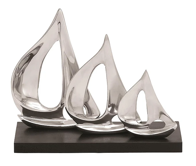 UMA Aluminum Metal Sail Boat Decorative Sculpture with Black Base in Silver 26915