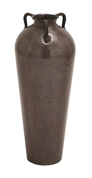 UMA Brown Metal Tall Floor Mediterranean Style Decorative Vase with Hammered Details and Handles, 12" x 12" x 32" | 26986