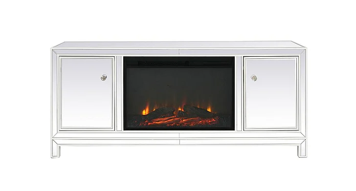 Elegant 60 In. Mirrored TV Stand with Wood Fireplace Insert in White MF701WH-F1 CLOSEOUT