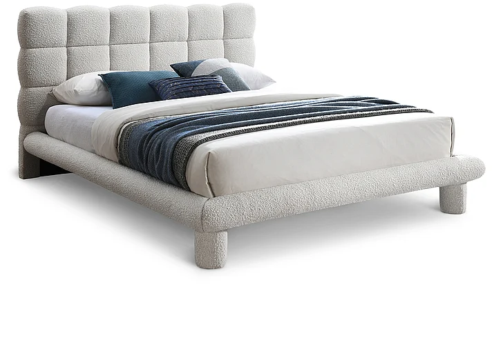 Meridian Deco Boucle Fabric Queen Bed in Cream Boucle Fabric DecoCream-Q