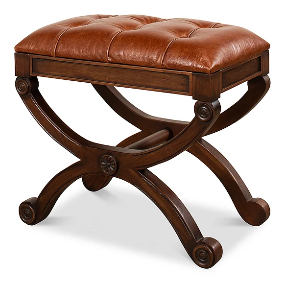 Sarreid Empire Stool With Leather in Fruitwood 27249