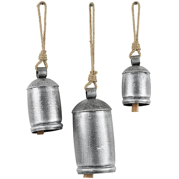 UMA Silver Metal Tibetan Inspired Indoor Outdoor Decorative Cow Bells with Jute Hanging Rope, (Set of 3) 10,8,6H | 27325