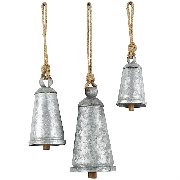 UMA Silver Metal Tibetan Inspired Galvanized Indoor Outdoor Decorative Cow Bells with Jute Hanging Rope, (Set of 3) 12,9,6H | 27326