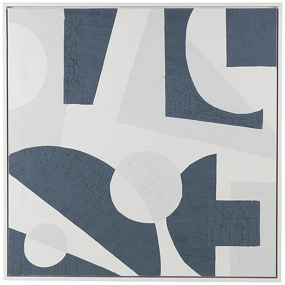 UMA Blue Canvas Abstract Textured Living Room Framed Wall Art with Various Geometric Shapes On A White Background, 49" x 2" x 49" | 27621