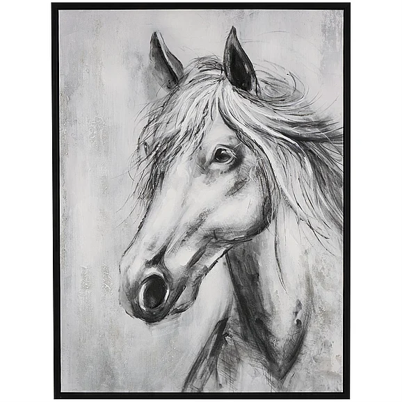 UMA Black Canvas Horse Hand Drawn Inspired Shaded Living Room Framed Wall Art with White Background, 36" x 2" x 47" | 27626