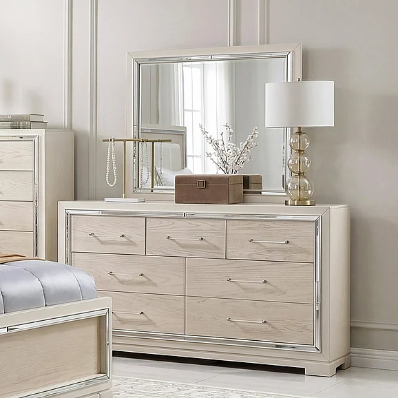 Glam Dresser Mirror 7-Drawers Storage Acrylic Handles 2-Tone Finish