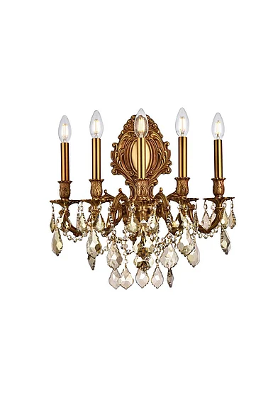 Elegant Monarch 5 Light French Gold Wall Sconce Golden Teak (Smoky) Royal Cut Crystal 9605W21FG-GT/RC