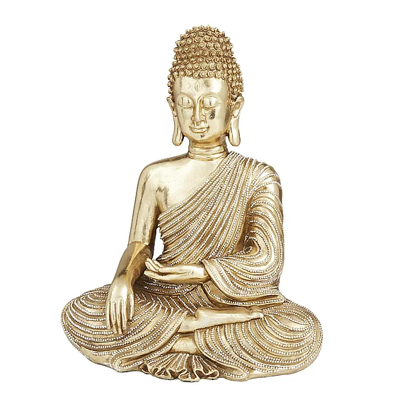 UMA Gold Polystone Buddha Meditating Decorative Sculpture with Engraved Carvings and Relief Detailing, 6" x 4" x 8" | 28038