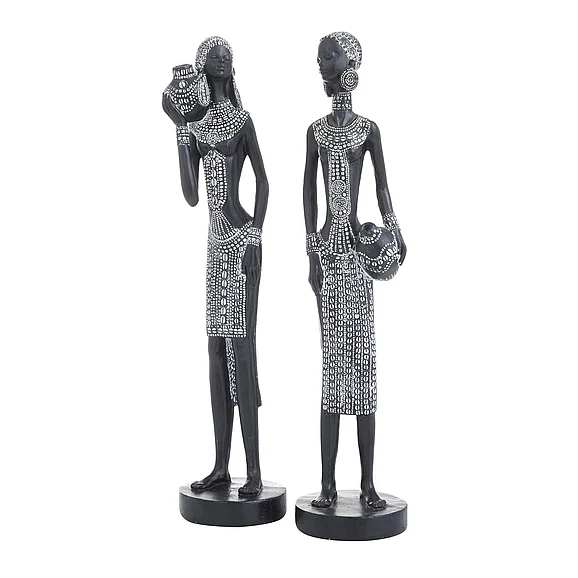 UMA Black Polystone Woman Standing African Decorative Sculpture with Intricate Details, Set of 2 3W, 14H | 28044