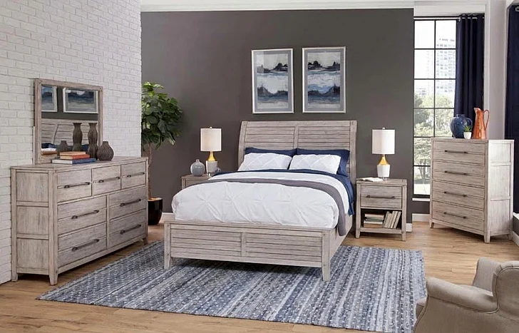 American Woodcrafters Aurora 5pc Bedroom Set - Queen Sleigh Bed, 1-Drawer Nightstand, Dresser, Mirror and Chest in Whitewash