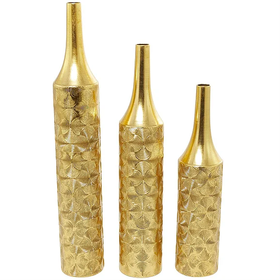 UMA Metal Geometric Tall Distressed Metallic Decorative Vase with Engraved Swirl Patterns in Gold (Set of 3) 28120
