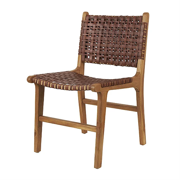 UMA Dark Brown Leather Handmade Woven Living Room Accent Chair with Teak Wood Frame, | 28166 CLOSEOUT