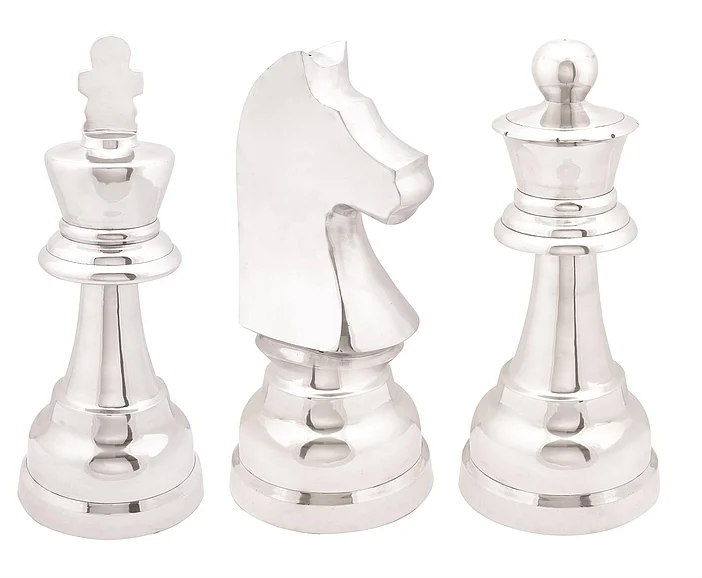 UMA CosmoLiving by Cosmopolitan Silver Aluminum Metal Chess Knight, Queen, King Decorative Sculpture, Set of 3 4W, 9H | 28367