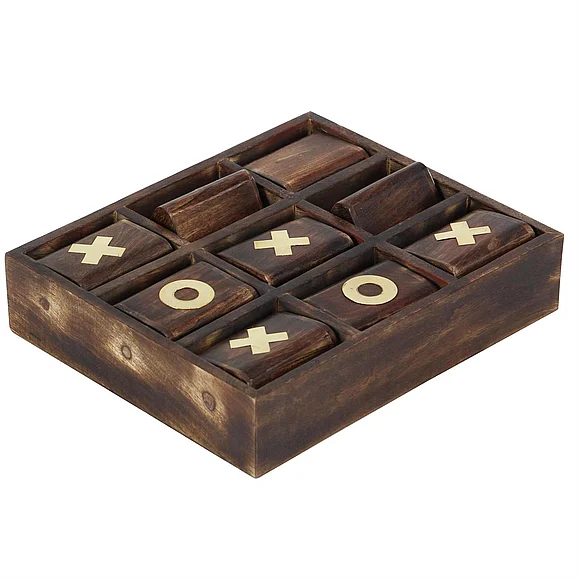 UMA Dark Brown Mango Wood Tic Tac Toe Home Decor Game Set with Gold Inlay, 11 x 13 x 3 | 28555