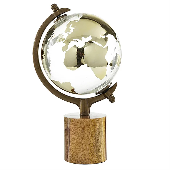 UMA Gold Wood Educational/Geographic Earth Globe with Brown Base, 8" x 8" x 15" | 28566 CLOSEOUT
