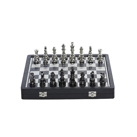 UMA Black Aluminum Metal Chess Home Decor Game Set with Storage Compartment, 15" x 16" x 2" | 28577