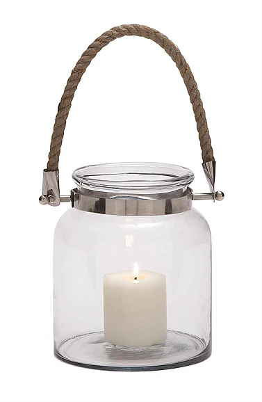 UMA Clear Glass Handmade Decorative Indoor Outdoor Candle Lantern with Rope Handle, 8" x 8" x 10" | 28864