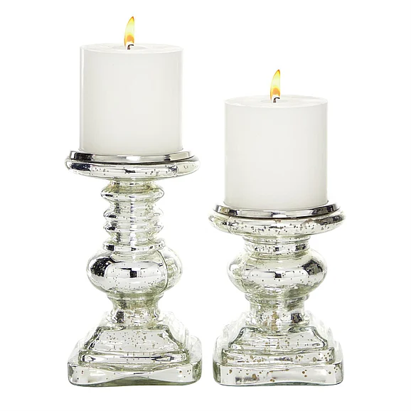 UMA Silver Glass Handmade Turned Style Pillar Decorative Candle Holder, (Set of 2) 9, 7H | 28883